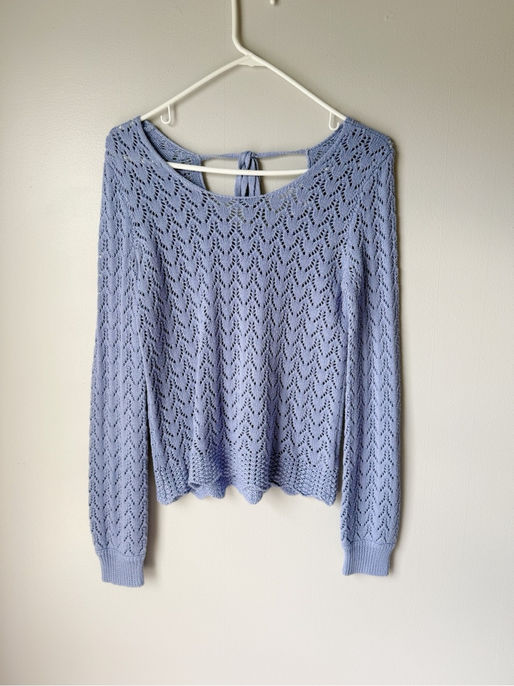 Candie’s Light Blue Open-Knit Pointelle Long Sleeve Scallop Edge Sweater